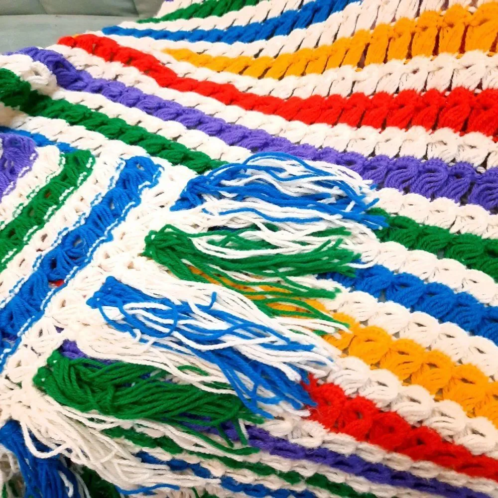 Vintage Rainbow Fringe Afghan lap Throw Blanket‎ Hand Knitted stripes 36x84